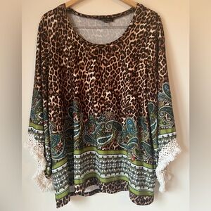 Melissa Paige Leopard Paisley Print Tunic Fringe Top Blouse 3/4 Sleeves Size 1X